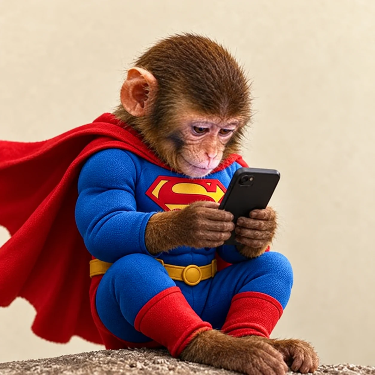 A small superhero ape in a blue suit and red cape looking at his phone